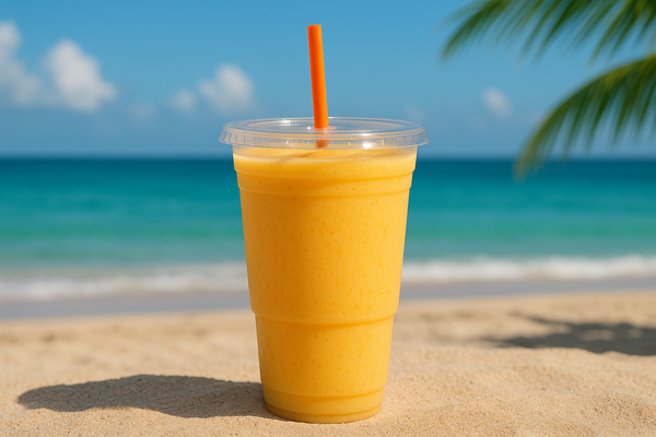 Tropical Fruit Smoothies in a 32 oz. plastic cold cup with flat lid and straw