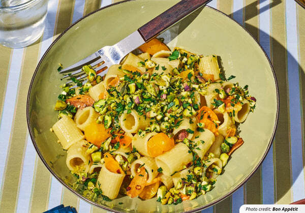 Sun Gold Tomato Pasta with Pistachio Gremolata